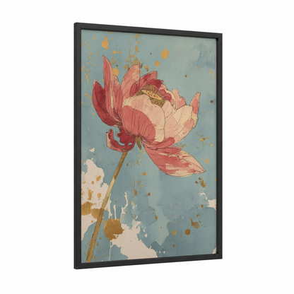 Crimson Lotus Bloom framed art print — black wood frame — sage green and salmon pink palette