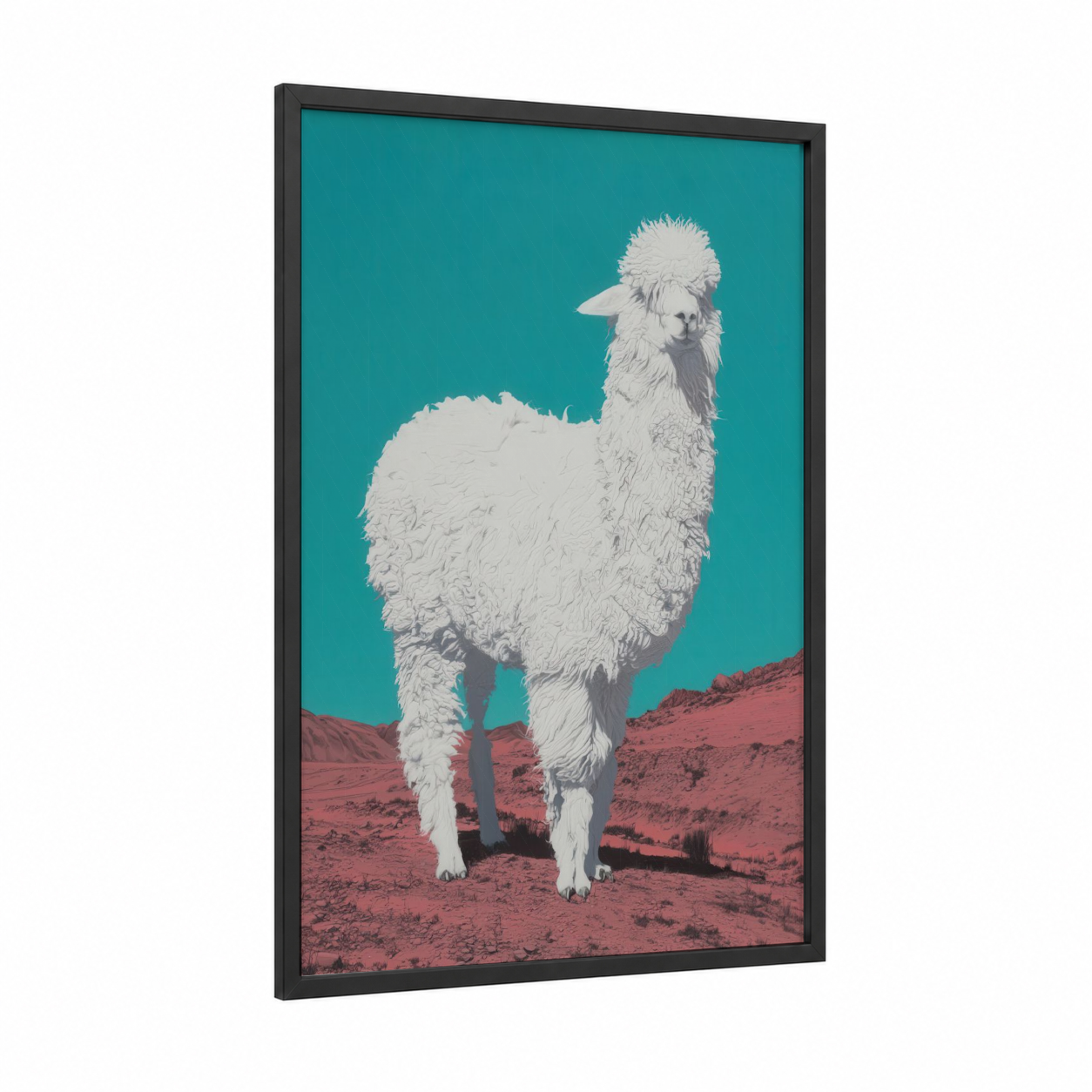 Desert Alpaca framed art print — black wood frame — teal and salmon pink palette