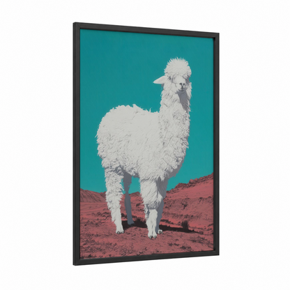 Desert Alpaca framed art print — black wood frame — teal and salmon pink palette