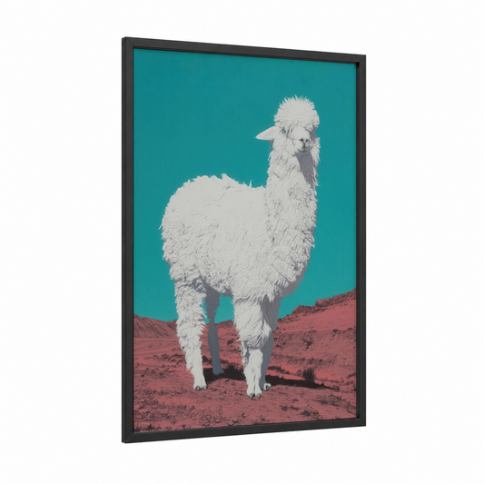 Desert Alpaca framed art print — black wood frame — teal and salmon pink palette