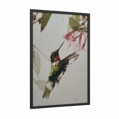 Crimson Hummingbird framed art print — black wood frame — green and pink palette