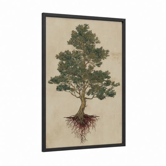 Ancient Cypress framed cypress tree print — black wood frame — dark green and beige palette