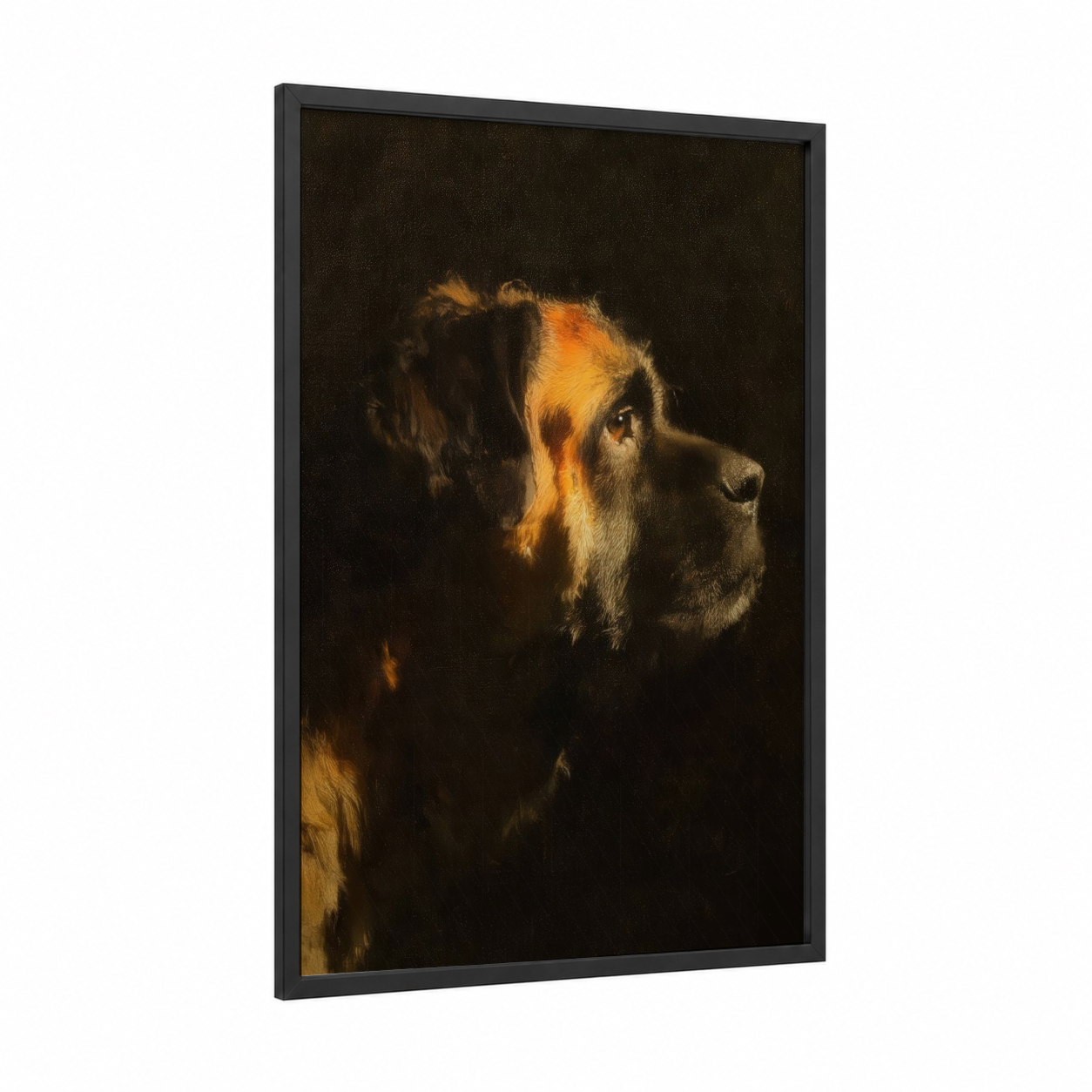 Golden Mastiff framed art print — black wood frame — gold and black palette