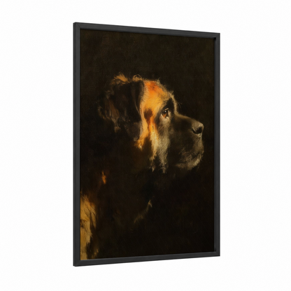 Golden Mastiff framed art print — black wood frame — gold and black palette