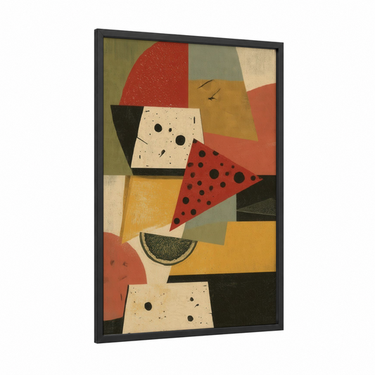 Geometric Cheese framed art print — black wood frame — red and gold palette