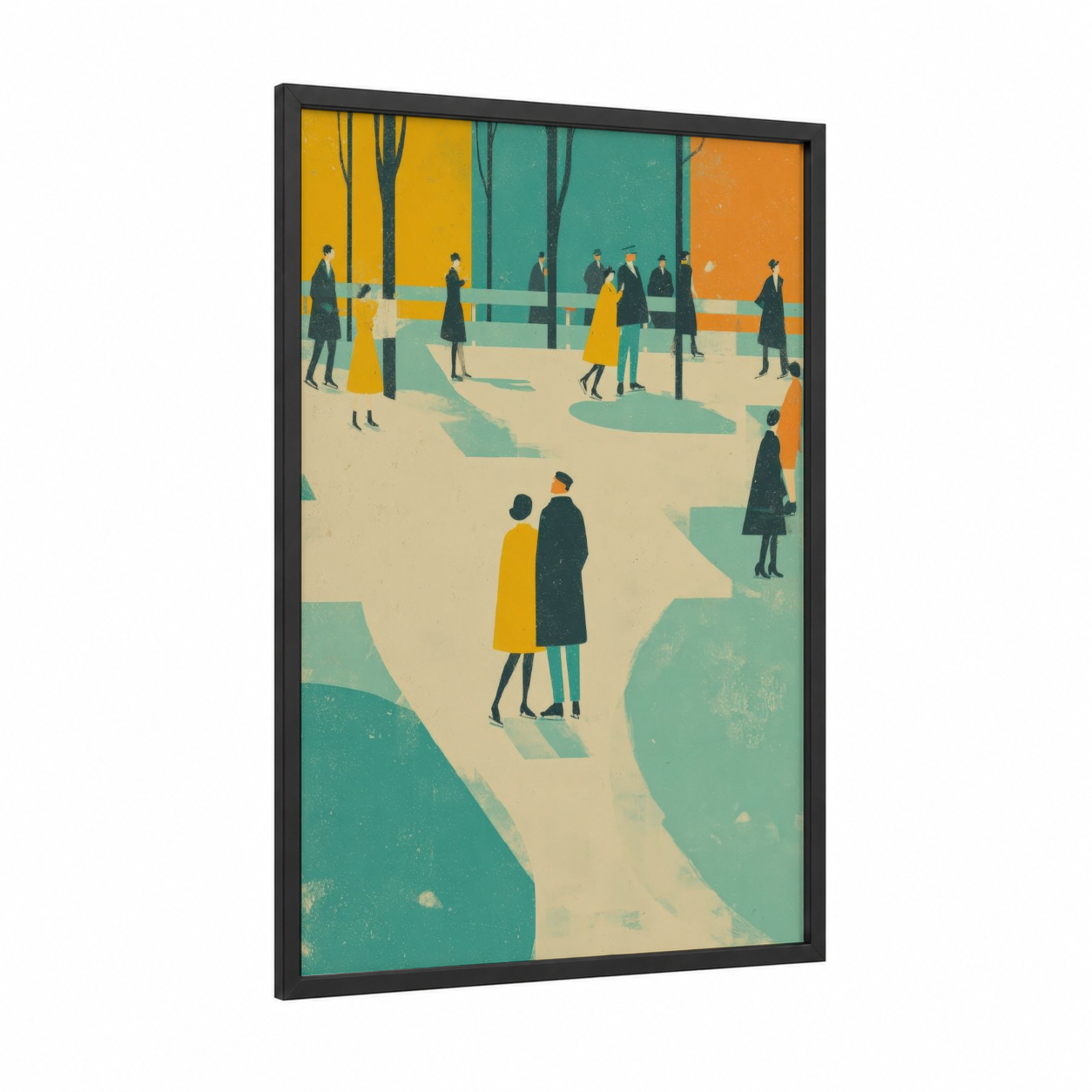 Winter Gathering framed ice skating print — black wood frame — gold and teal palette