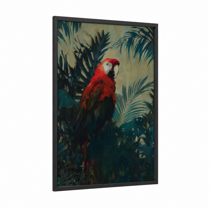 Crimson Macaw framed safari parrots print — black wood frame — red and dark green palette