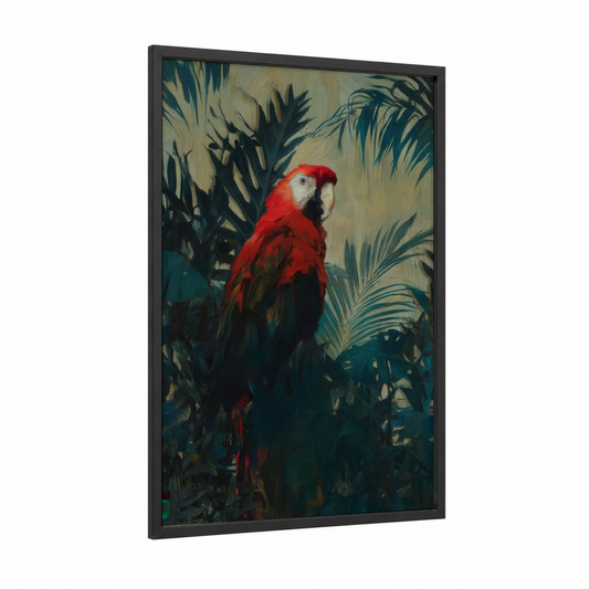 Crimson Macaw framed safari parrots print — black wood frame — red and dark green palette