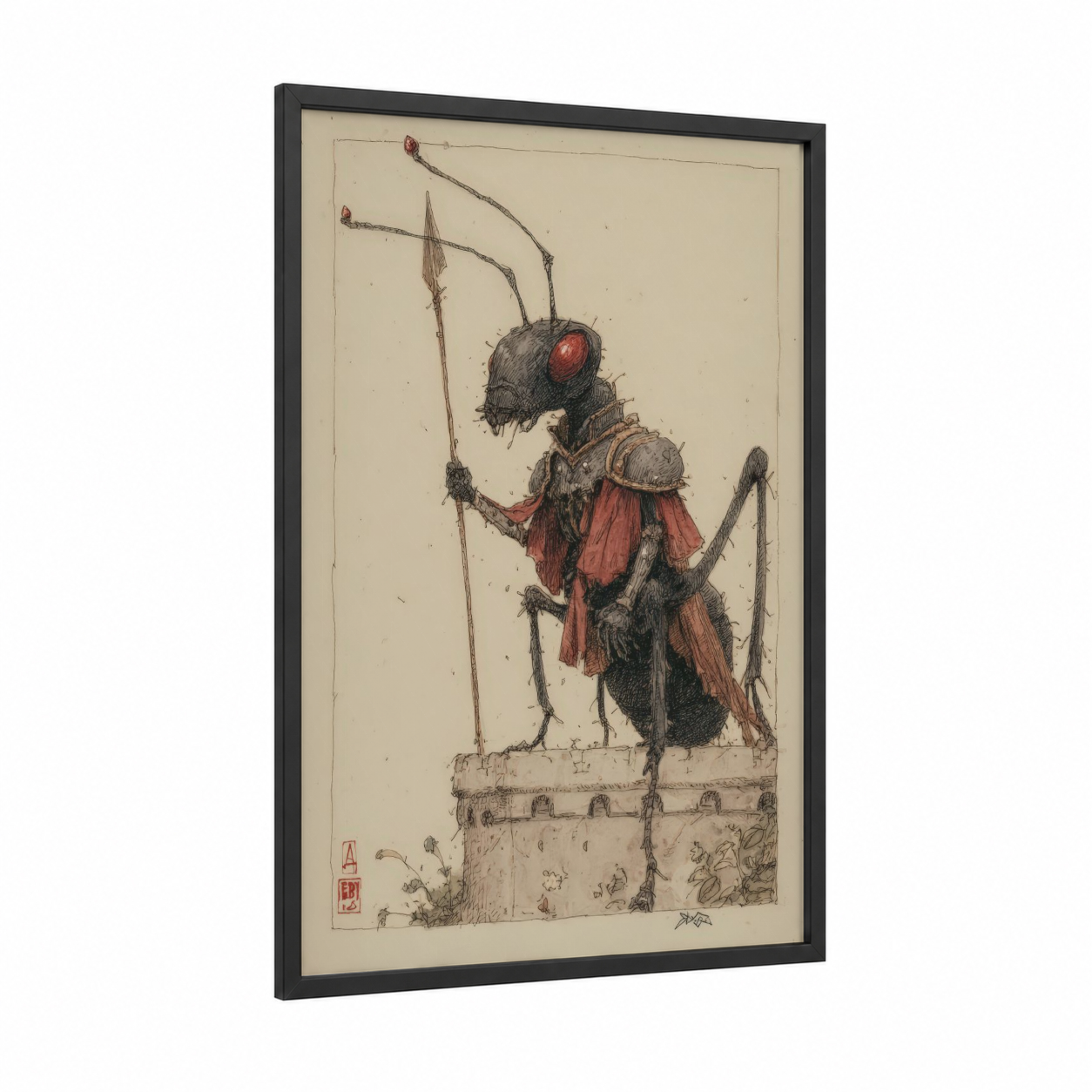 Armored Ant Warrior framed art print — black wood frame — russet and black palette