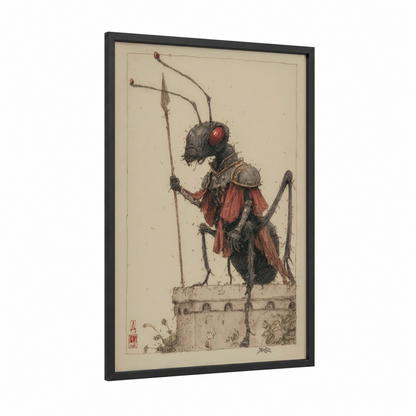 Armored Ant Warrior framed art print — black wood frame — russet and black palette