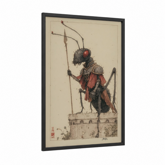 Armored Ant Warrior framed art print — black wood frame — russet and black palette