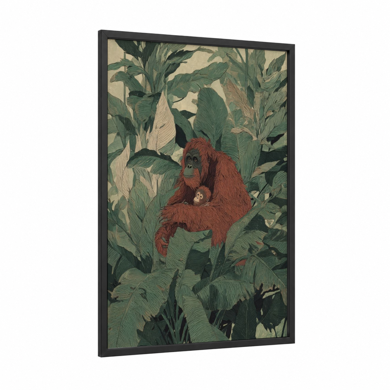 Jungle Orangutan Mother framed art print — black wood frame — russet and dark green palette