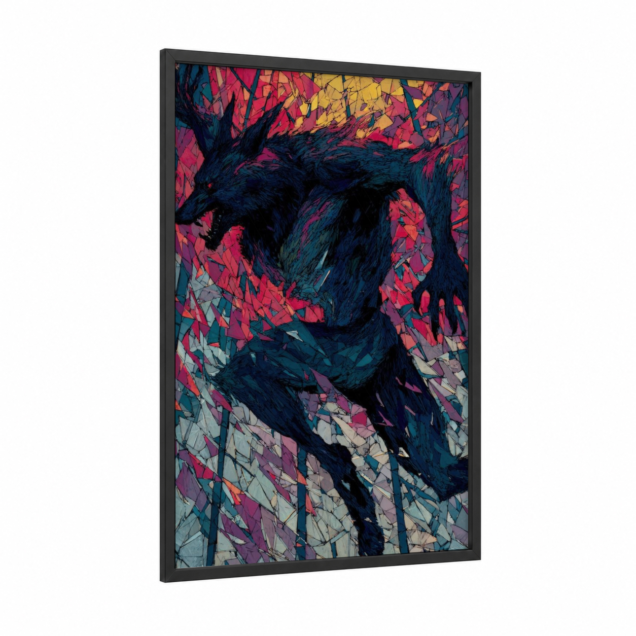 Crimson Werewolf framed art print — black wood frame — magenta and gold palette