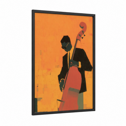 Jazz Musician framed bass guitar print — black wood frame — orange and black palette