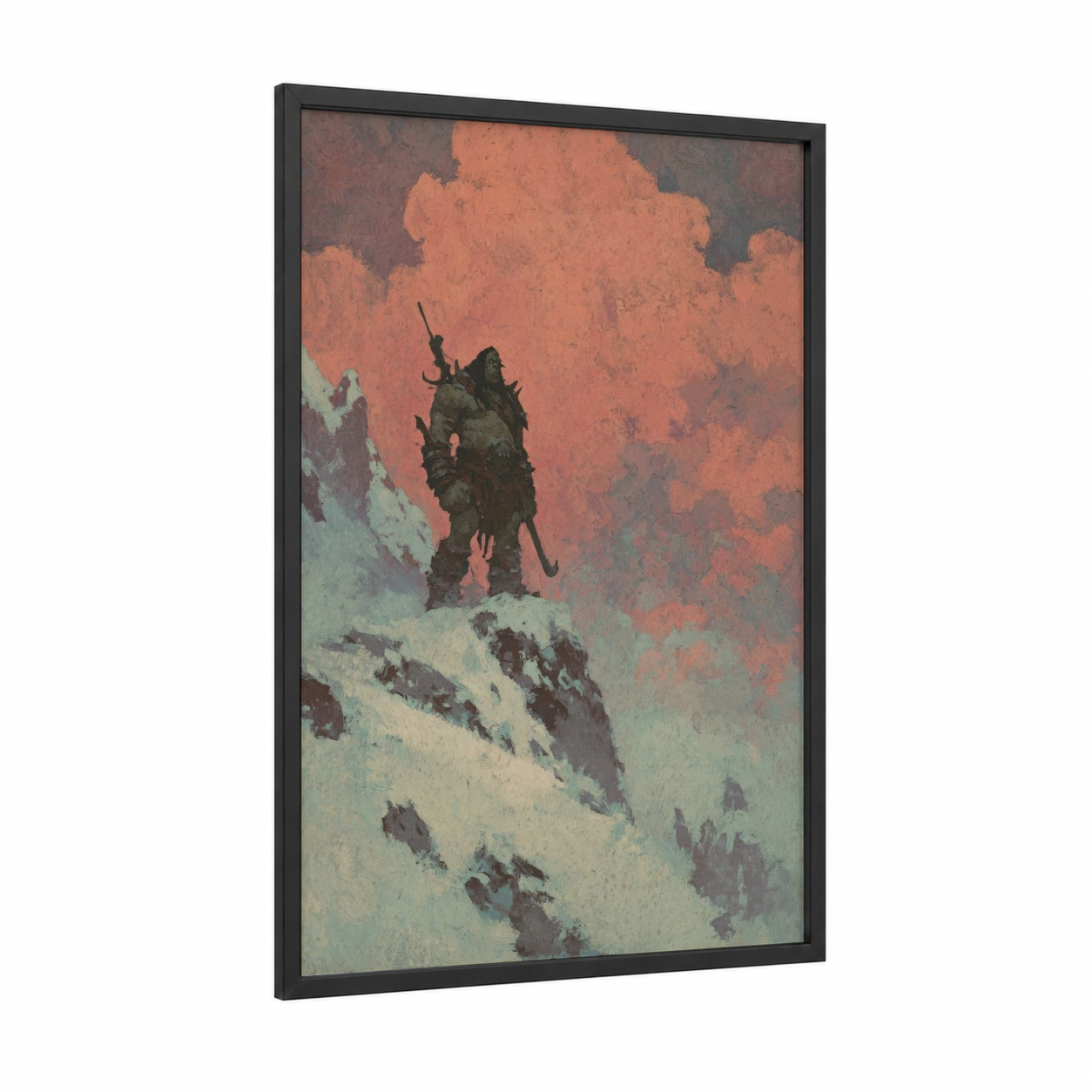 Snowy Summit Orc framed art print — black wood frame — pumpkin and gray palette
