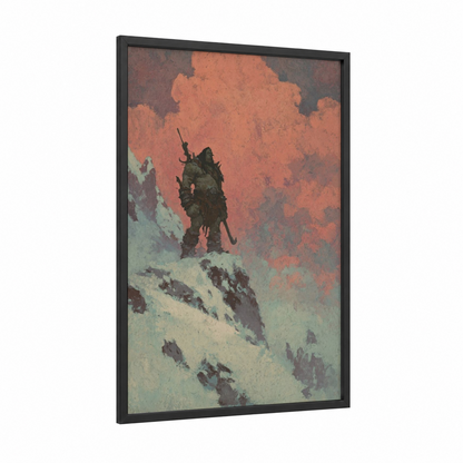 Snowy Summit Orc framed art print — black wood frame — pumpkin and gray palette