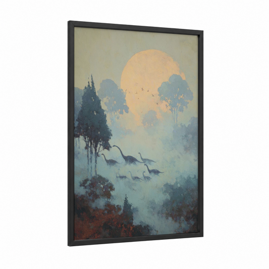 Misty Dinosaur Herd framed art print — black wood frame — cream and dove gray palette