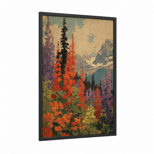 Alpine Wildflower Meadow framed flower field print — black wood frame — red and orange palette
