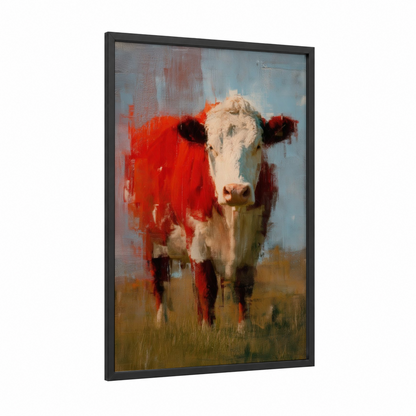 Red Hereford Portrait framed hereford cow print — black wood frame — red and cream palette