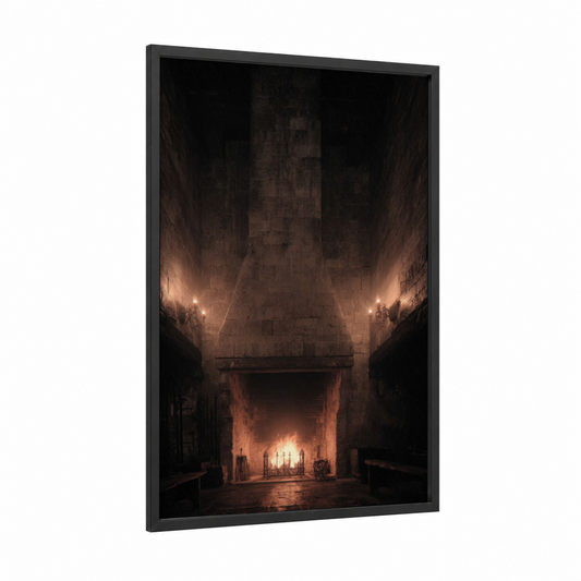 Medieval Fireplace framed art print — black wood frame — black and russet palette
