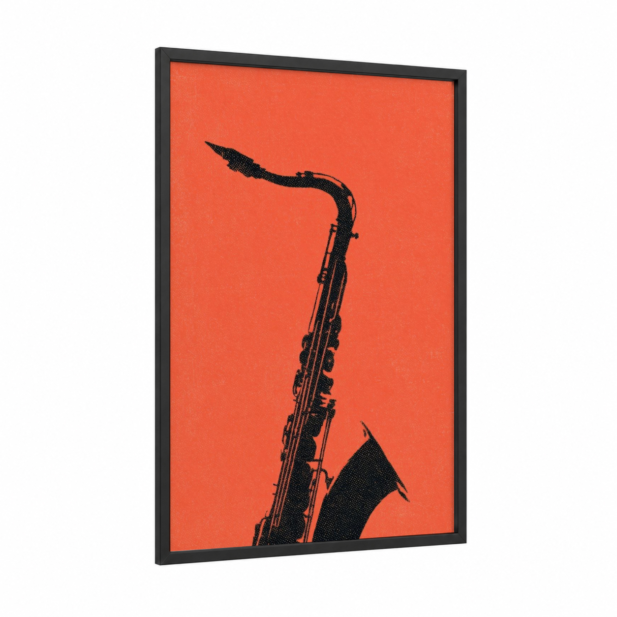 Vibrant Saxophone framed art print — black wood frame — orange and black palette