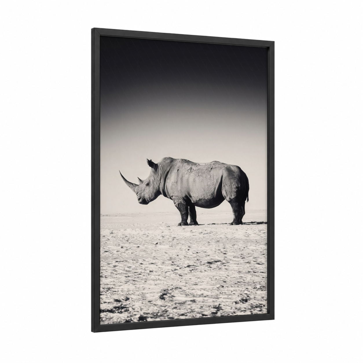 Desert Rhino framed art print — black wood frame — black and white and gray palette