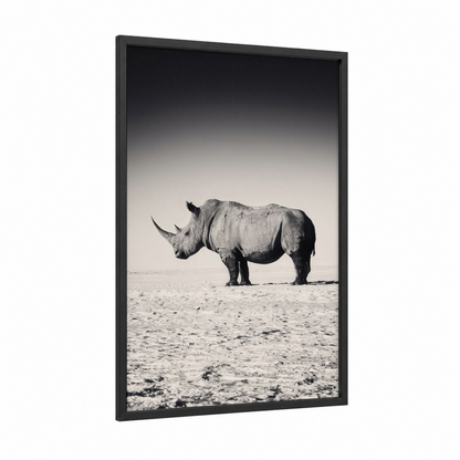 Desert Rhino framed art print — black wood frame — black and white and gray palette
