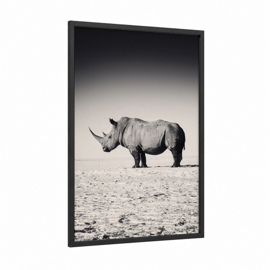 Desert Rhino framed art print — black wood frame — black and white and gray palette