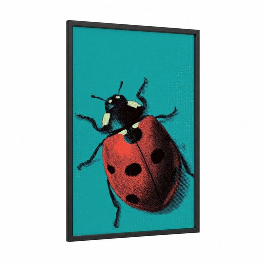Turquoise Ladybug framed art print — black wood frame — turquoise and red palette