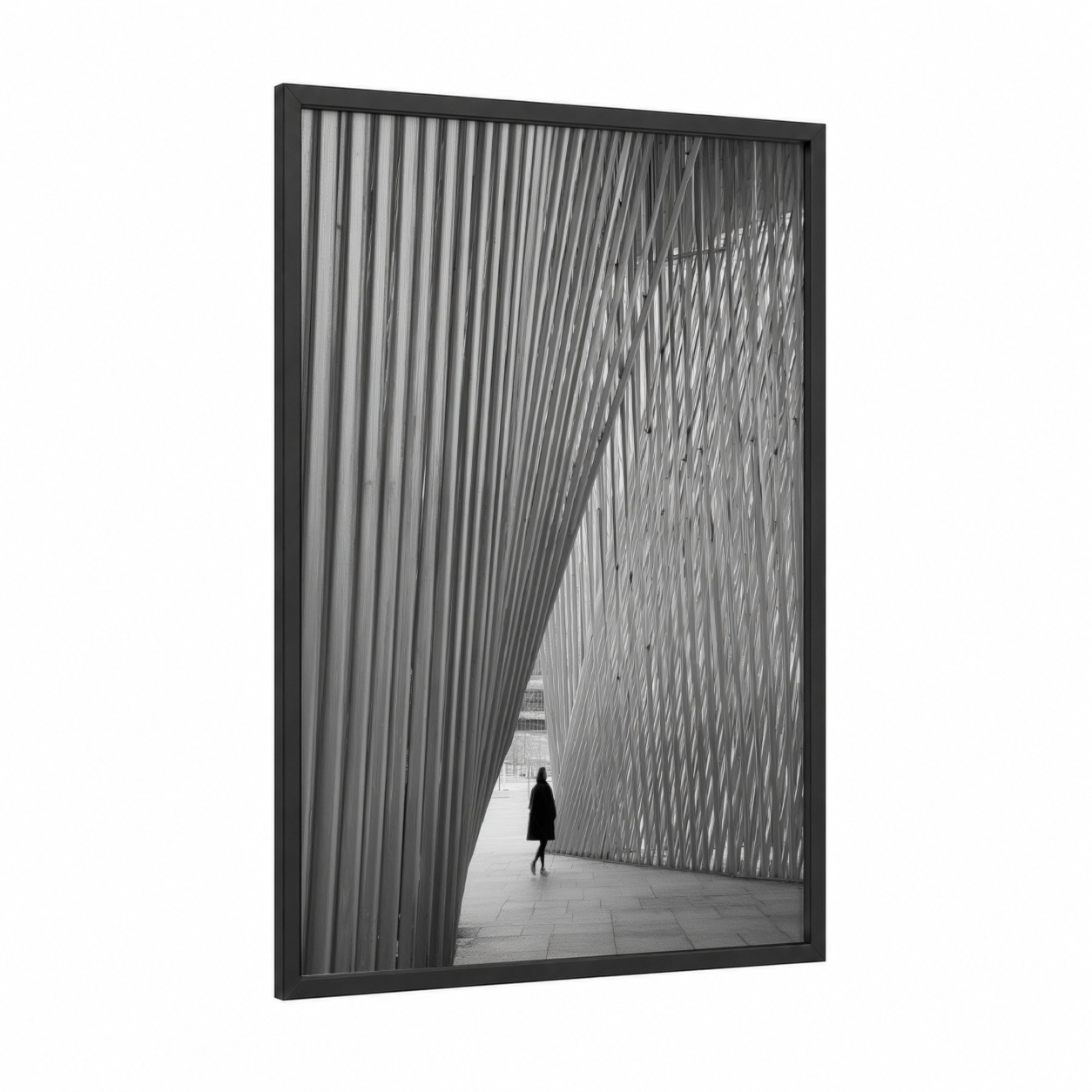Geometric Corridor framed abstract architecture print — black wood frame — black and white and gray palette