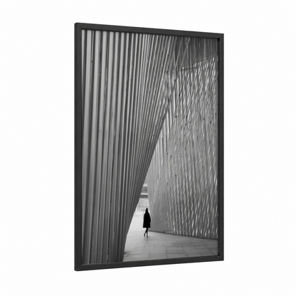 Geometric Corridor framed abstract architecture print — black wood frame — black and white and gray palette