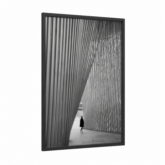 Geometric Corridor framed abstract architecture print — black wood frame — black and white and gray palette
