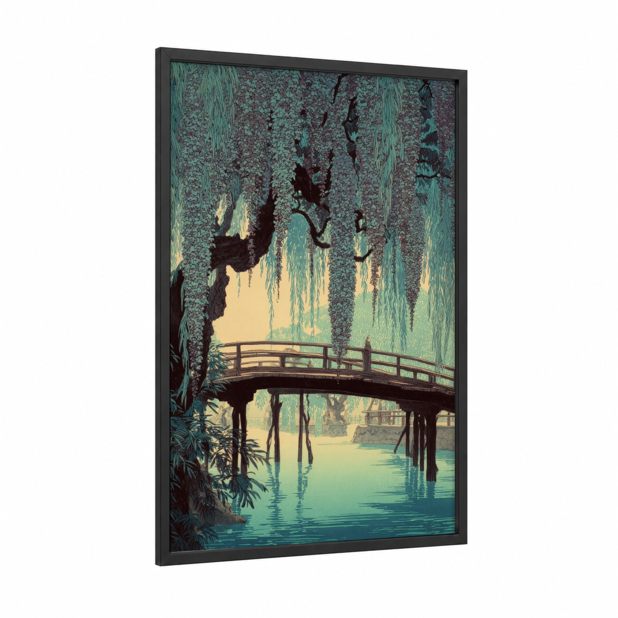 Willow Bridge Serenity framed willow tree print — black wood frame — light green and teal palette