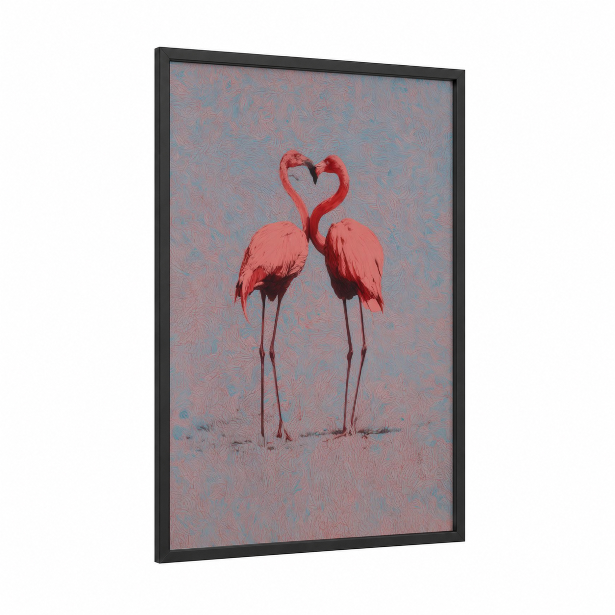 Heart Flamingos framed art print — black wood frame — salmon pink and blue and gray palette