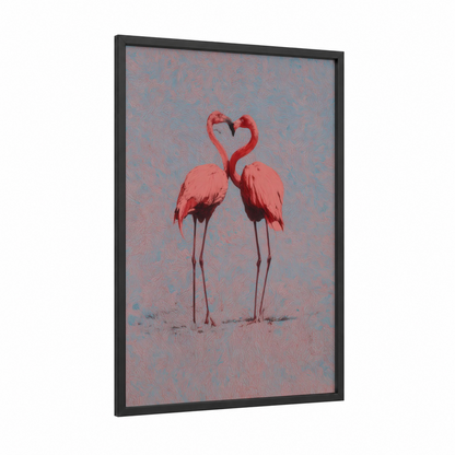 Heart Flamingos framed art print — black wood frame — salmon pink and blue and gray palette