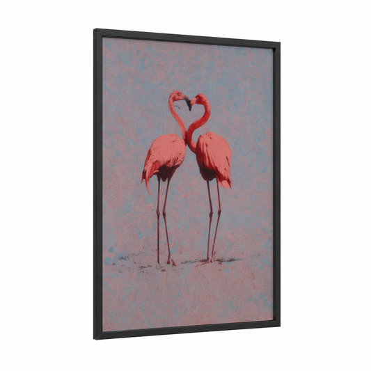 Heart Flamingos framed art print — black wood frame — salmon pink and blue and gray palette