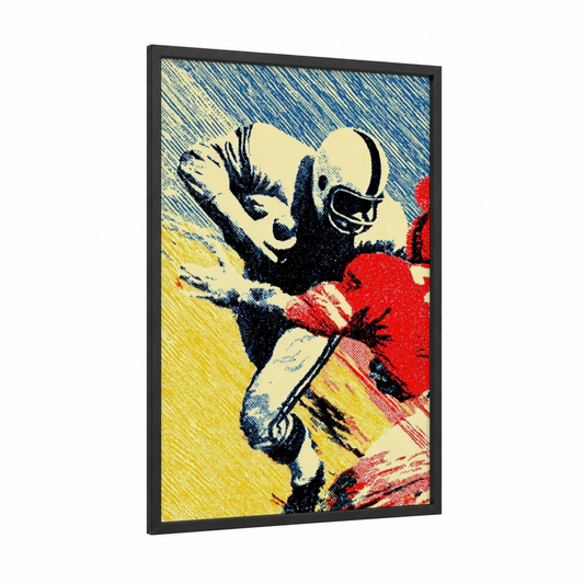 Vintage Football Player framed art print — black wood frame — red and blue and yellow palette