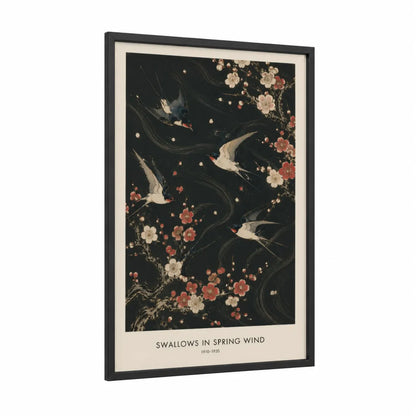 Japanese Swallows Cherry Blossom Wall Art framed songbird print — black wood frame — black and peach palette