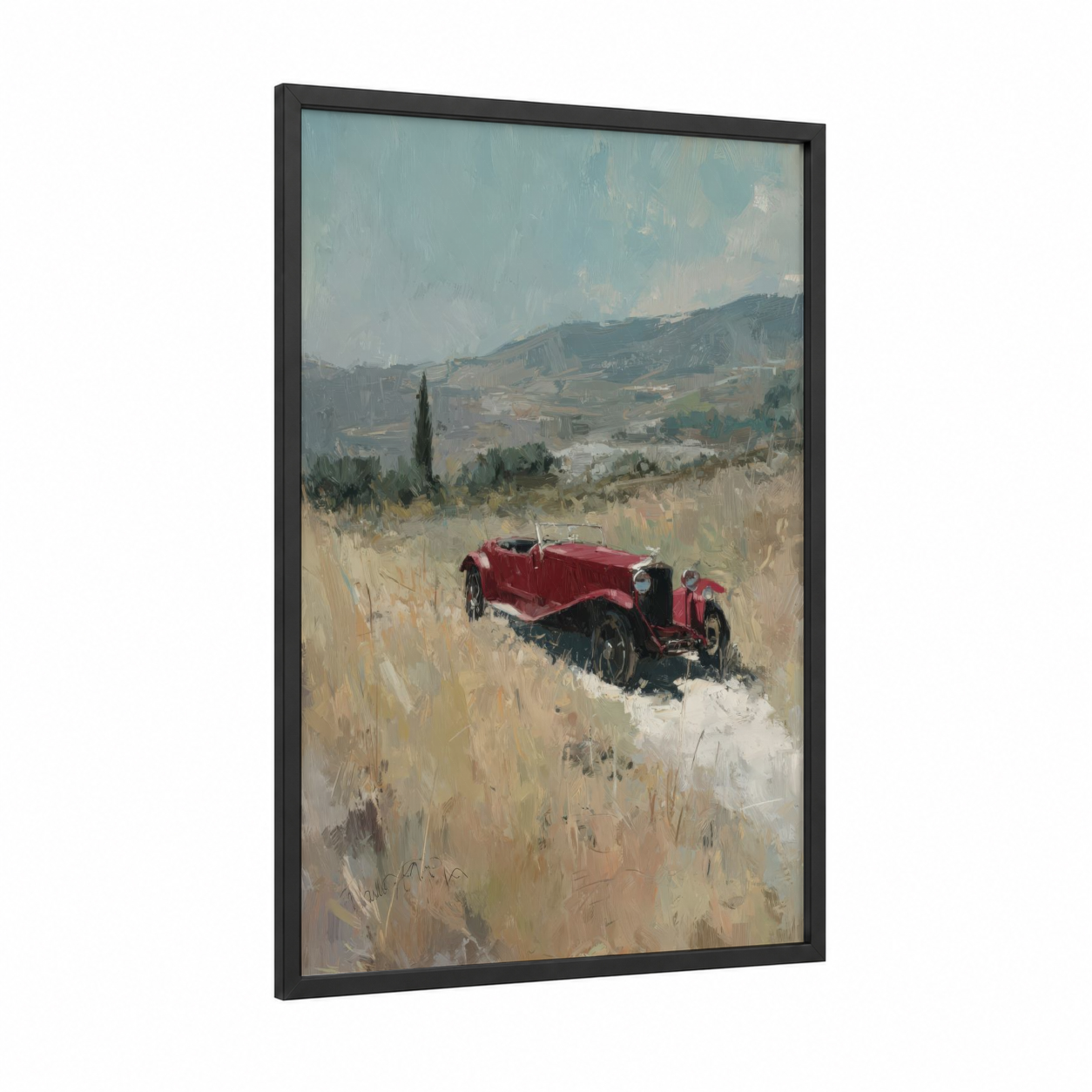 Tuscan Red Roadster framed classic car print — black wood frame — red and cream palette