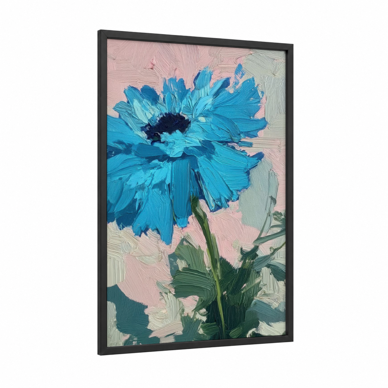 Turquoise Daisy framed abstract flower print — black wood frame — blue and pink palette