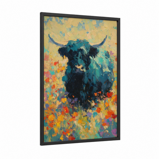 Highland Yak framed art print — black wood frame — yellow gold and teal palette