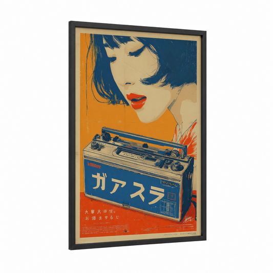 Retro Broadcast Girl framed vintage japanese ads print — black wood frame — orange and dark blue palette