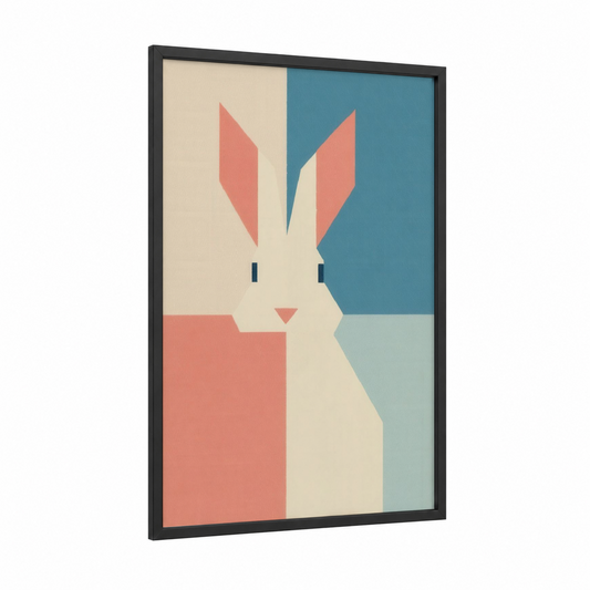 Geometric Easter Bunny framed art print — black wood frame — cream and salmon pink palette