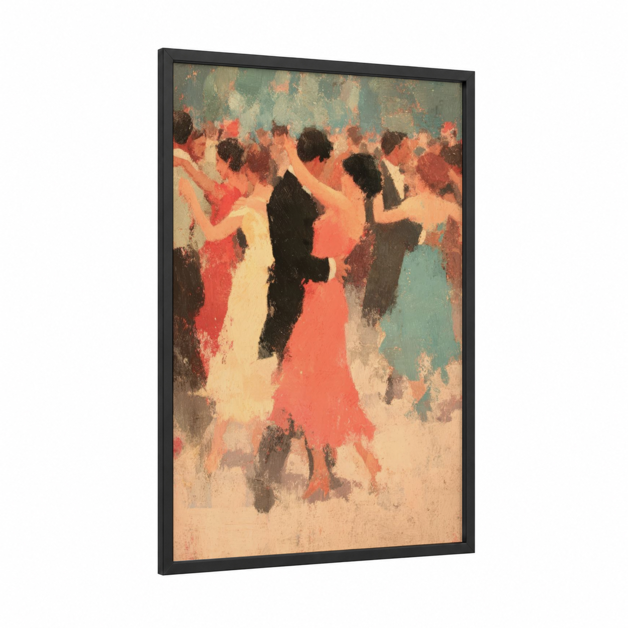 Vibrant Swing Dance framed art print — black wood frame — salmon pink and sage green palette