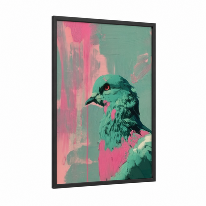 Neon Pigeon framed art print — black wood frame — pink and teal palette