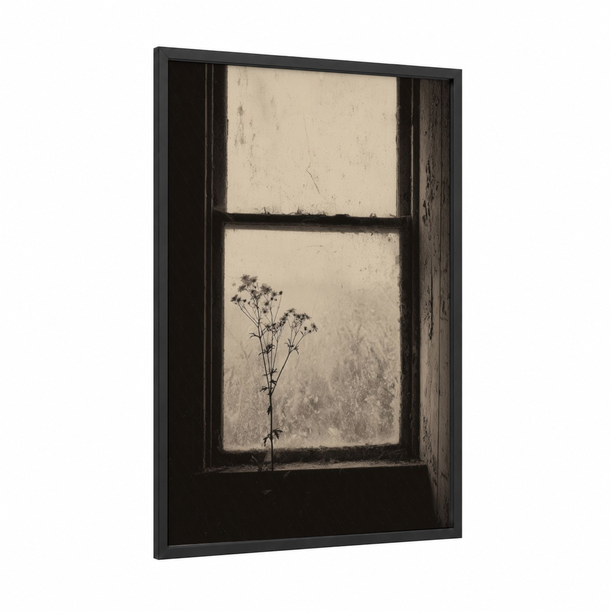 Weathered Window Dream framed art print — black wood frame — black and white and cream palette