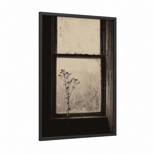Weathered Window Dream framed art print — black wood frame — black and white and cream palette