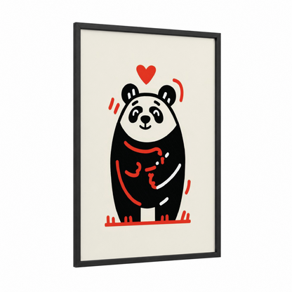 Loved Panda framed art print — black wood frame — red and black and white palette