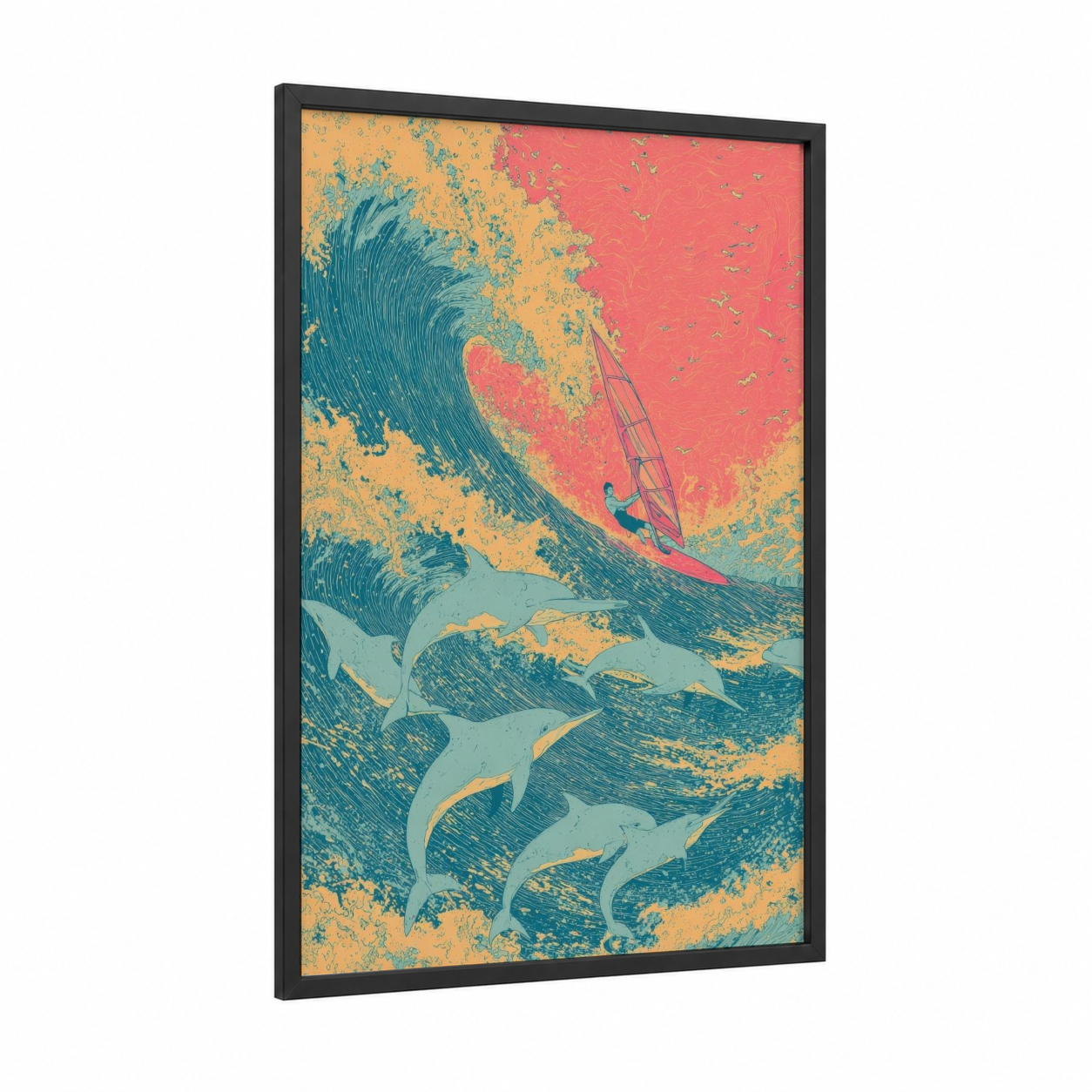 Tropical Windsurfing framed art print — black wood frame — orange and teal palette