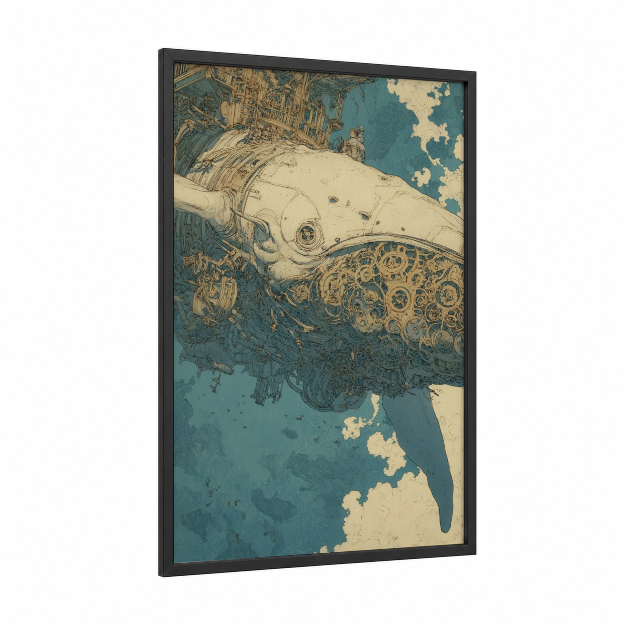 Mechanical Gray Whale framed art print — black wood frame — teal and cream palette